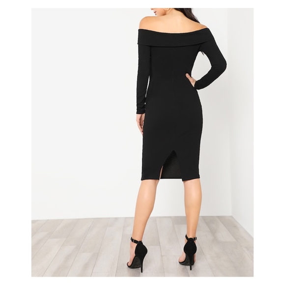 Black Foldover Off Shoulder Bodycon Midi Dress - Picture 3 of 6